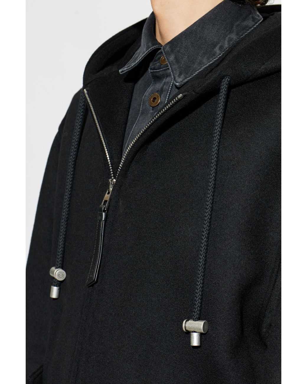 Loewe Black Wool Coat With Hood for men