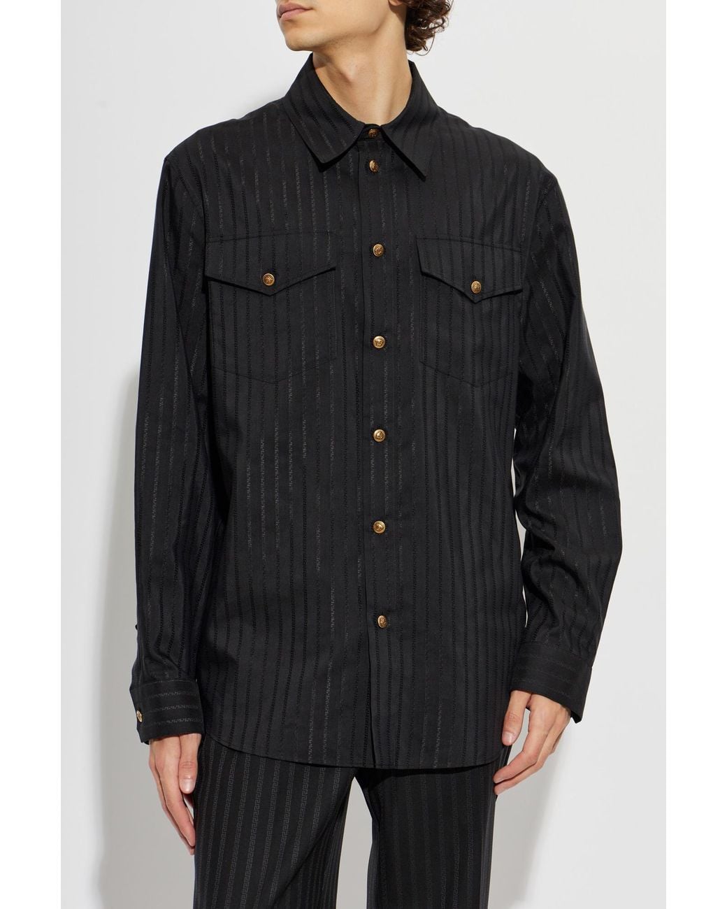 Versace Black Wool Shirt With Pockets for men