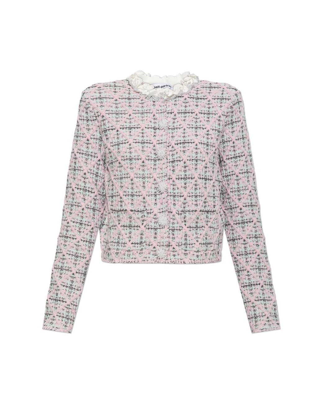 Self-Portrait White Cardigan With Floral Trim