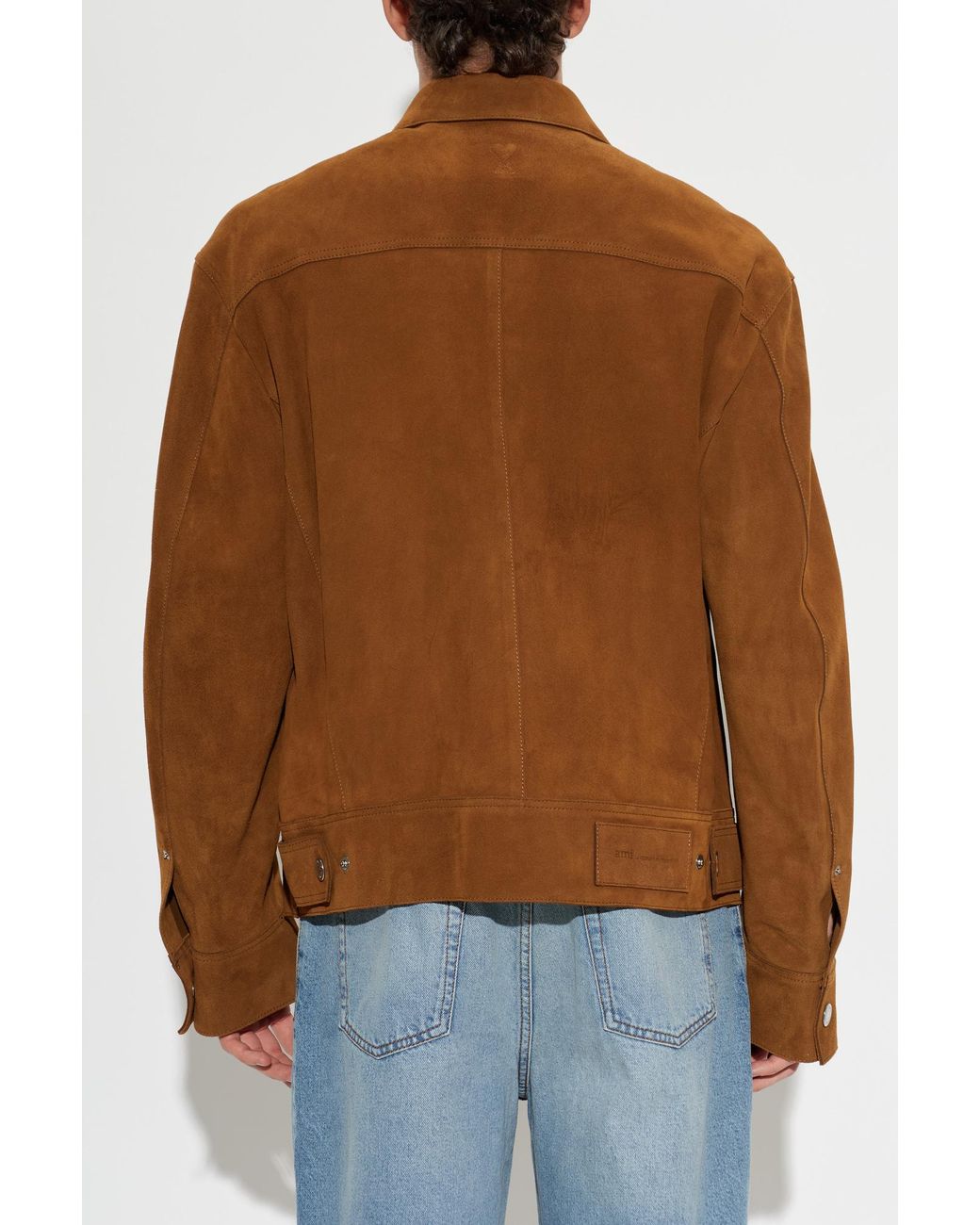 AMI Blue Suede Jacket With Embroidered Logo for men