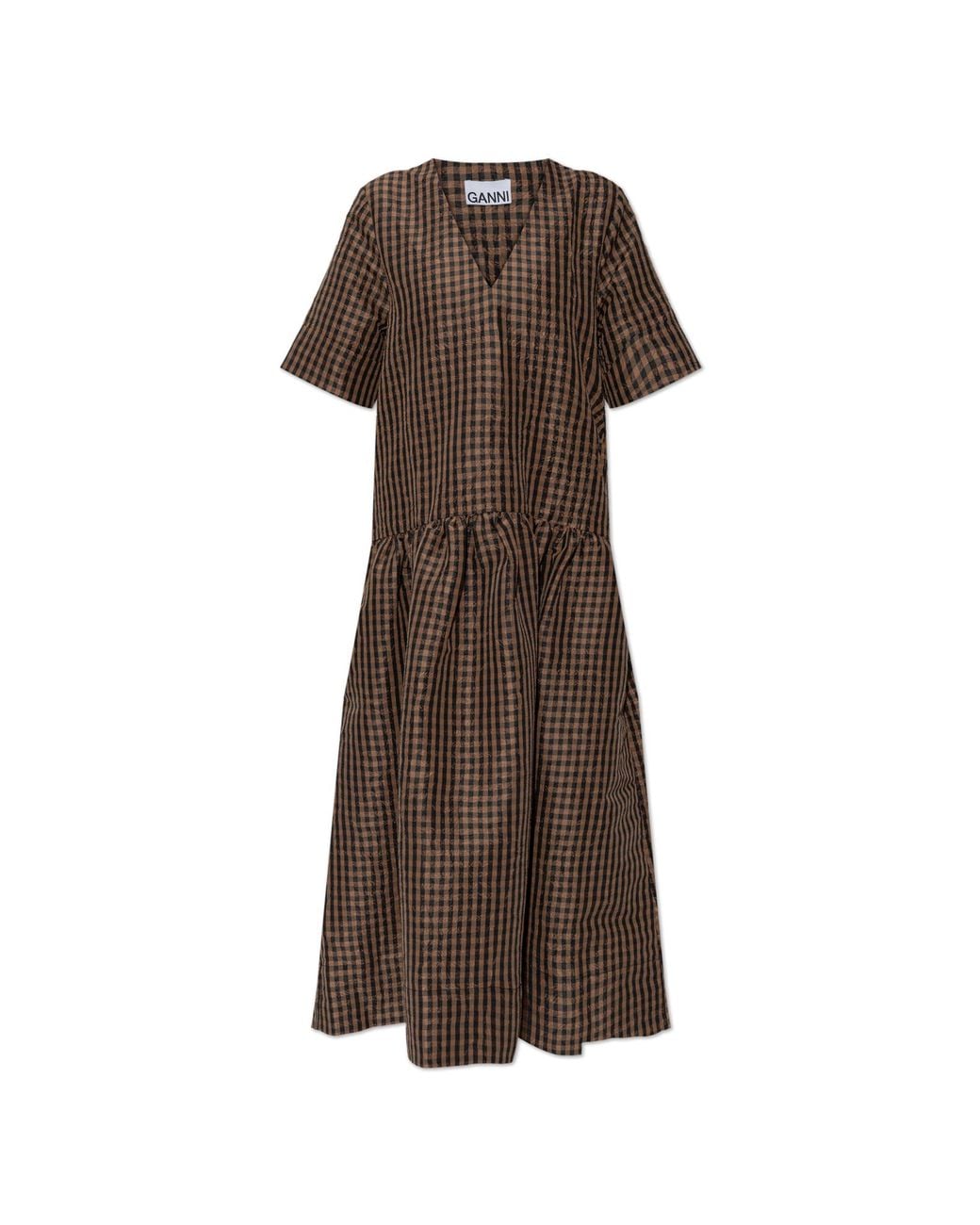 Ganni Brown Dress With A Check Pattern