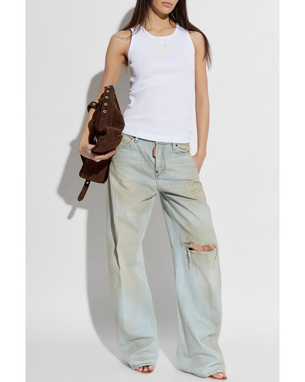 Dolce & Gabbana White Ribbed Top With Logo Patch