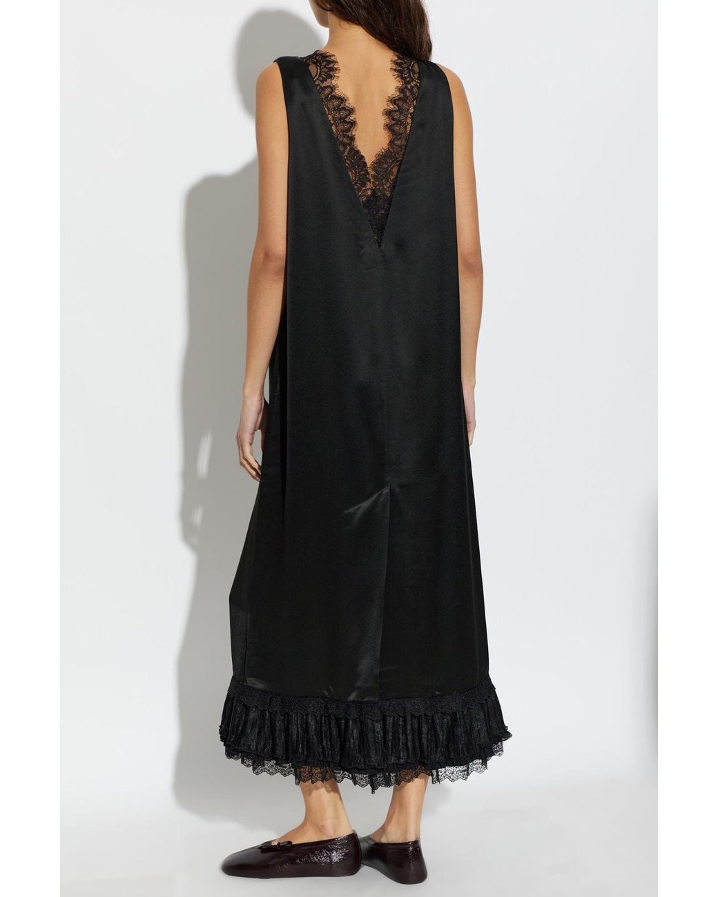 Ganni Black Satin Dress With Lace Inserts