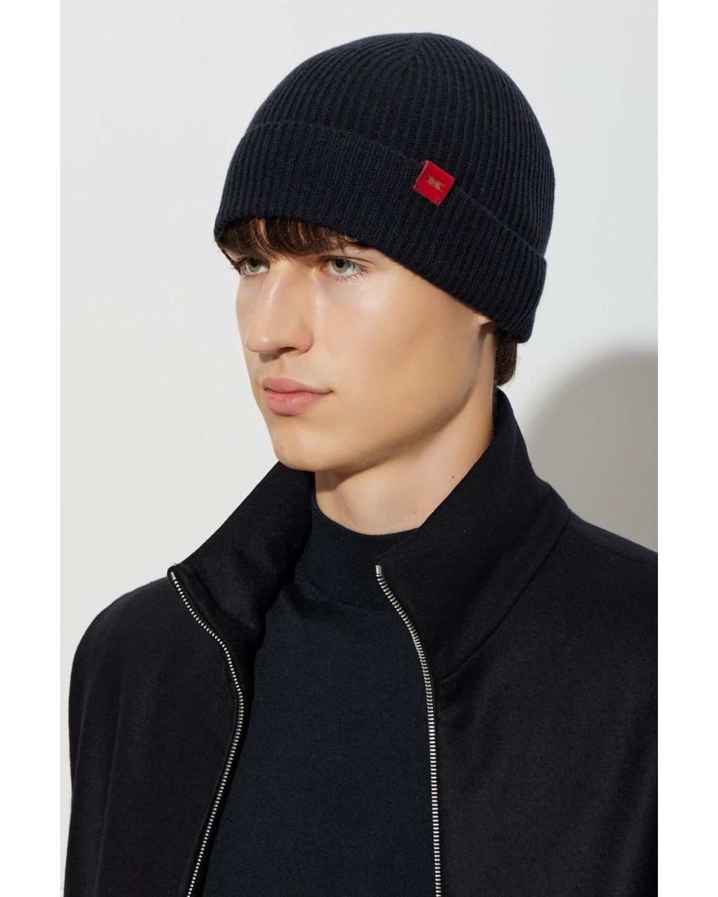 Kiton Blue Cashmere Beanie With Logo Patch for men
