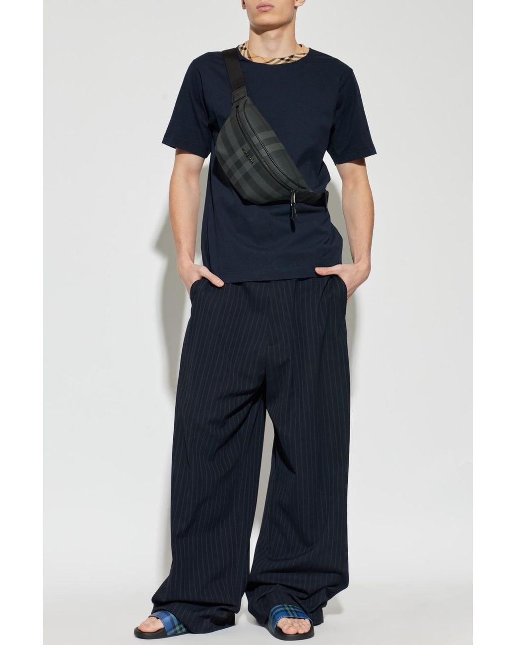 Burberry Blue T-Shirt With Checked Trim for men