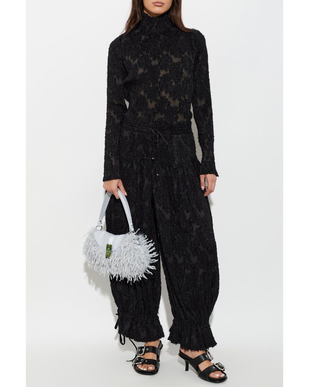 Ganni Black Pleated Long-Sleeved Top