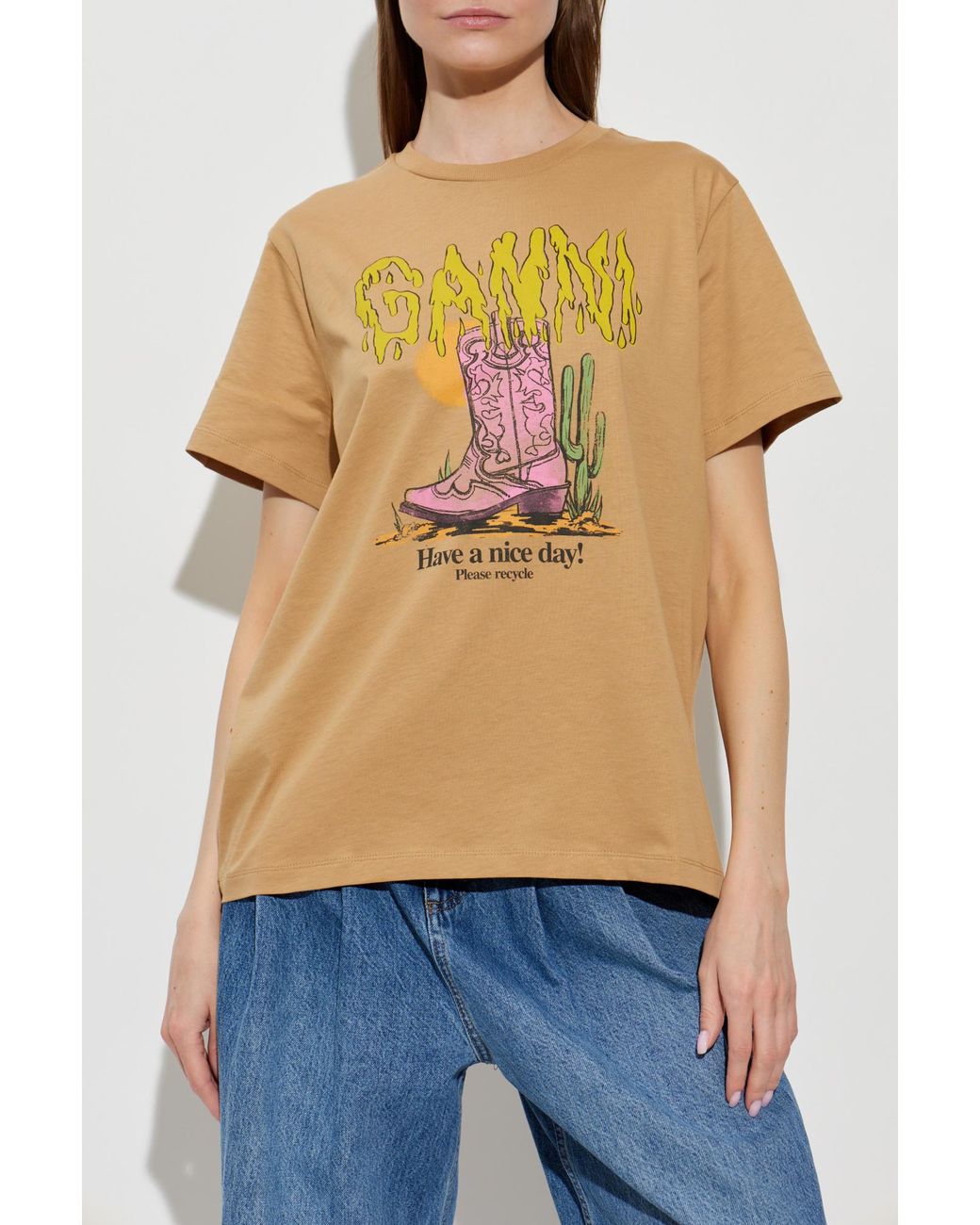 Ganni Natural T-Shirt With Print