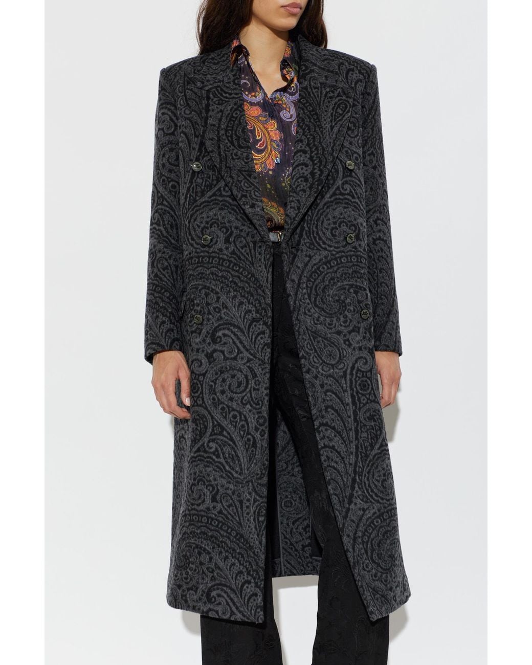 Etro Black Double-Breasted Wool Coat