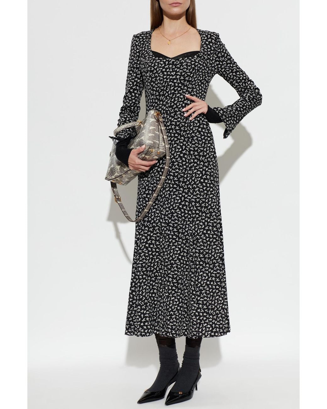 Dolce & Gabbana Black Silk Midi Dress With Long Sleeves
