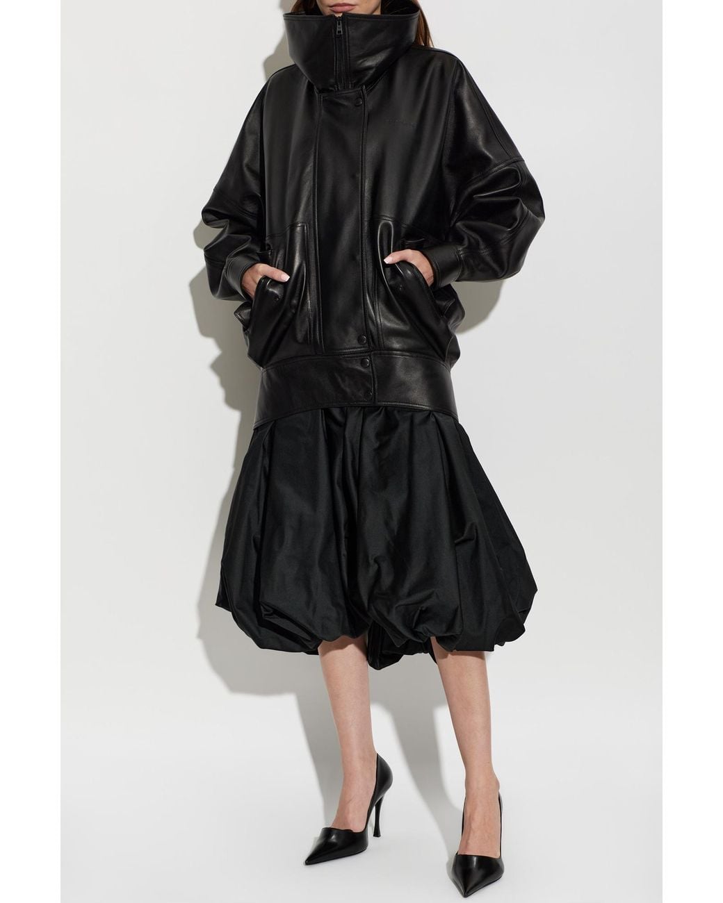 Balenciaga Black Leather Jacket With A Wide Collar