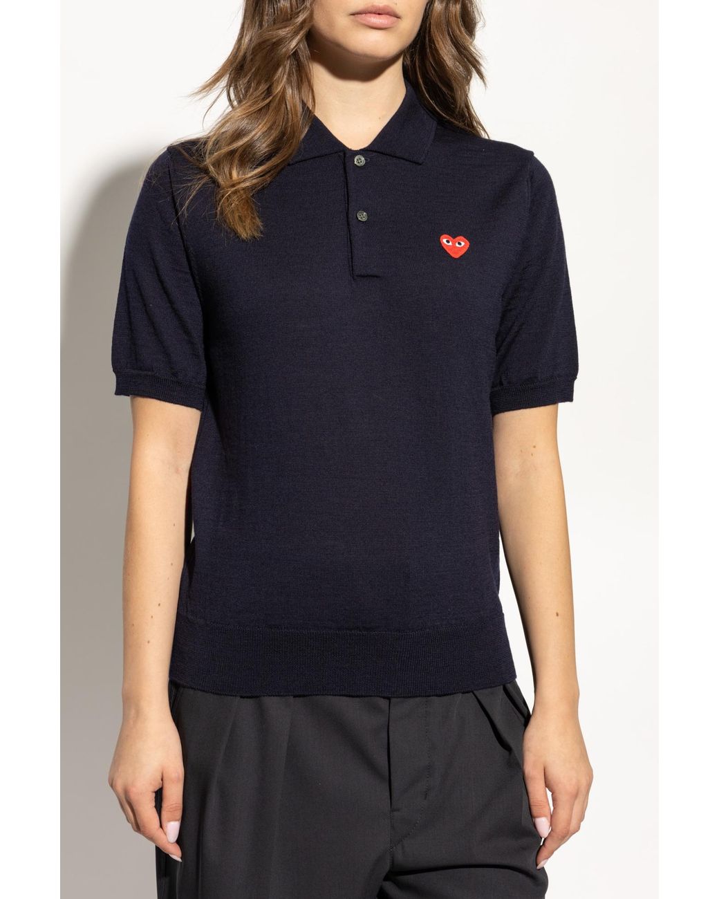 COMME DES GARÇONS PLAY Blue Wool Navy Polo With Heart Patch