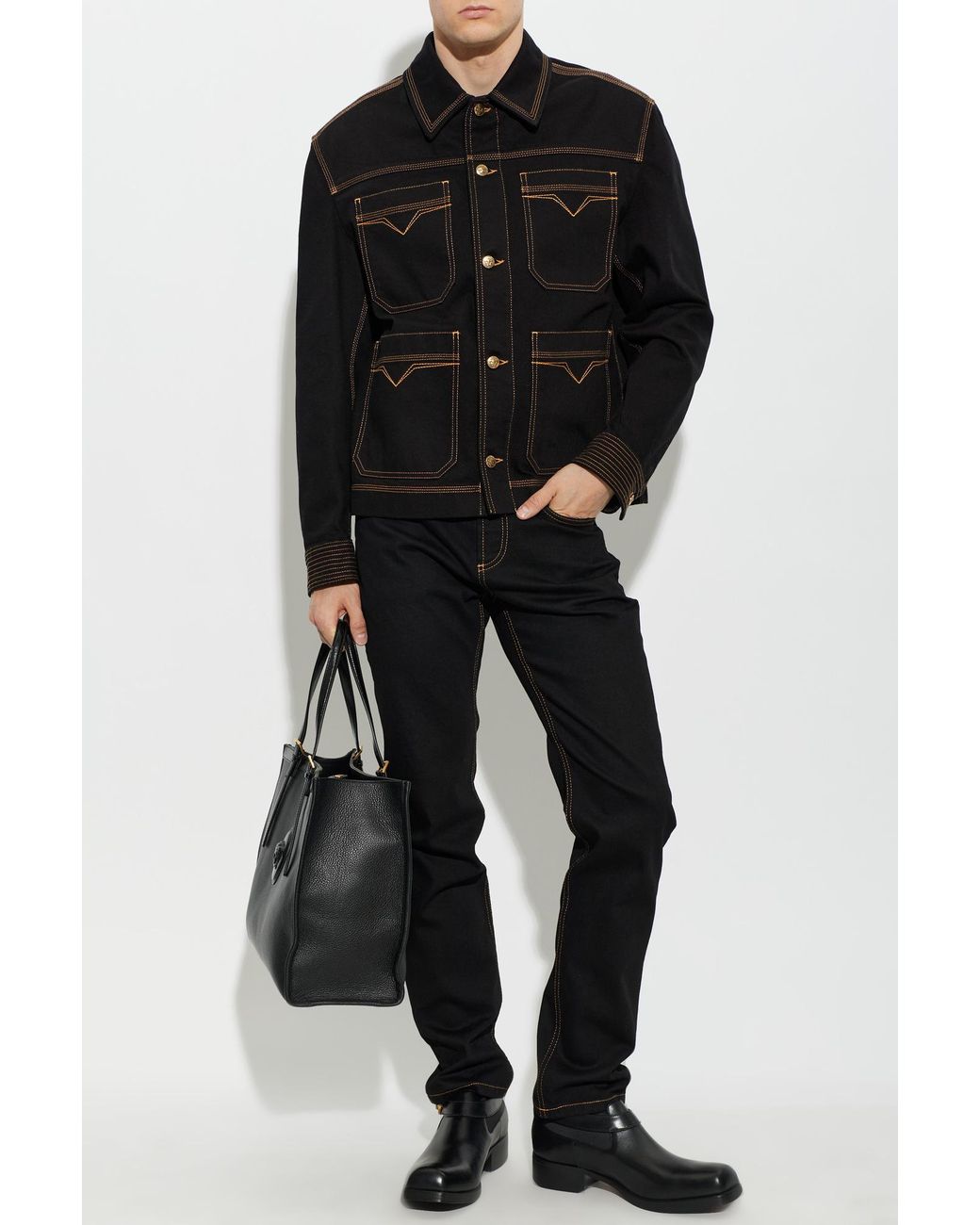 Versace Black Denim Jacket With Contrasting Stitching for men