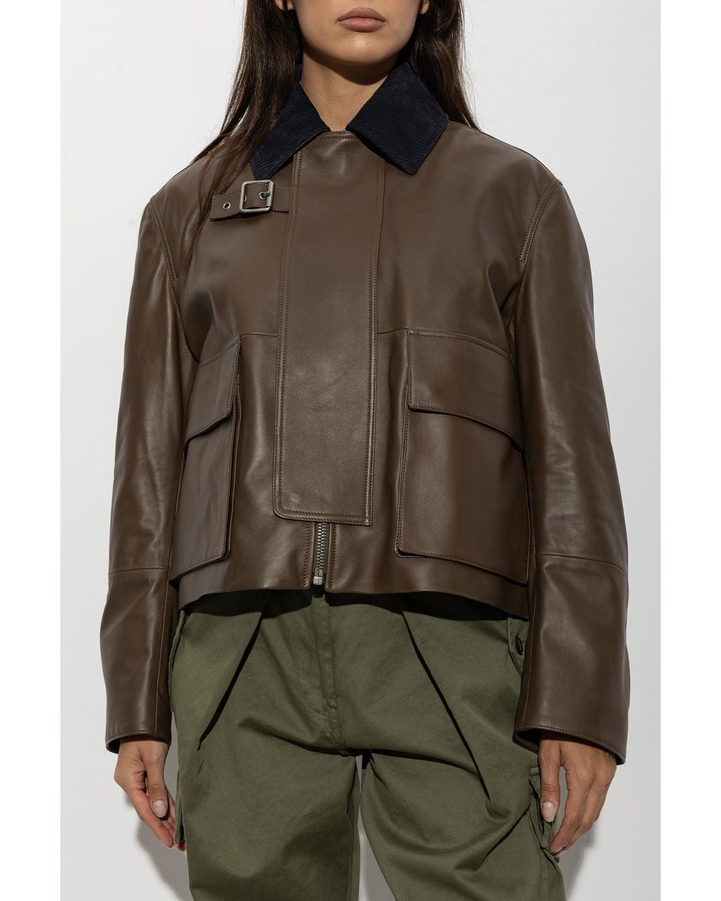 Loewe Brown Leather Jacket With Corduroy Collar