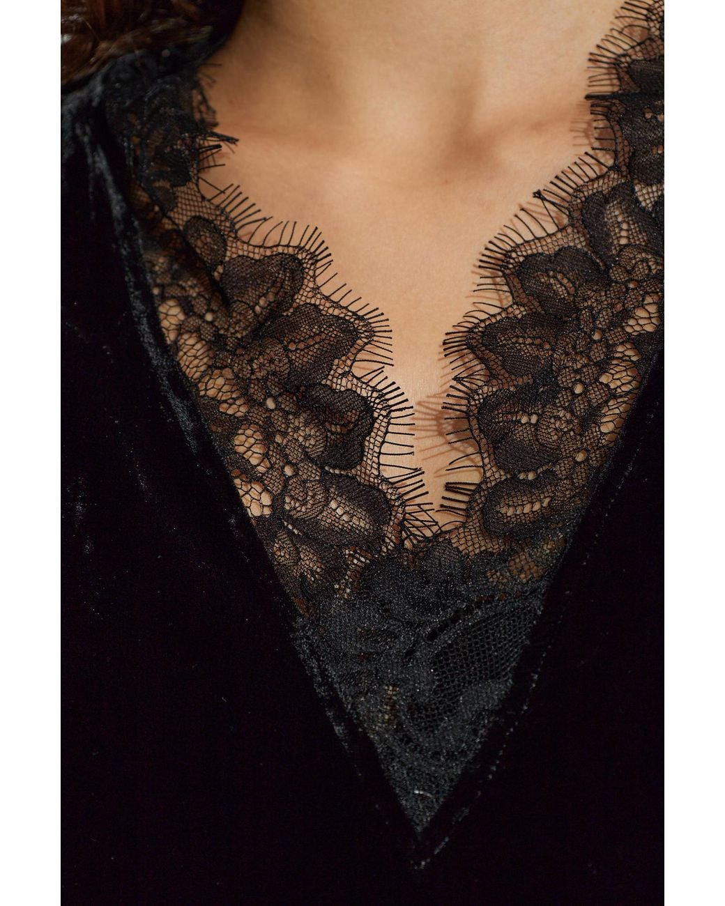 Ganni Black Velvet Top With Lace Detailing