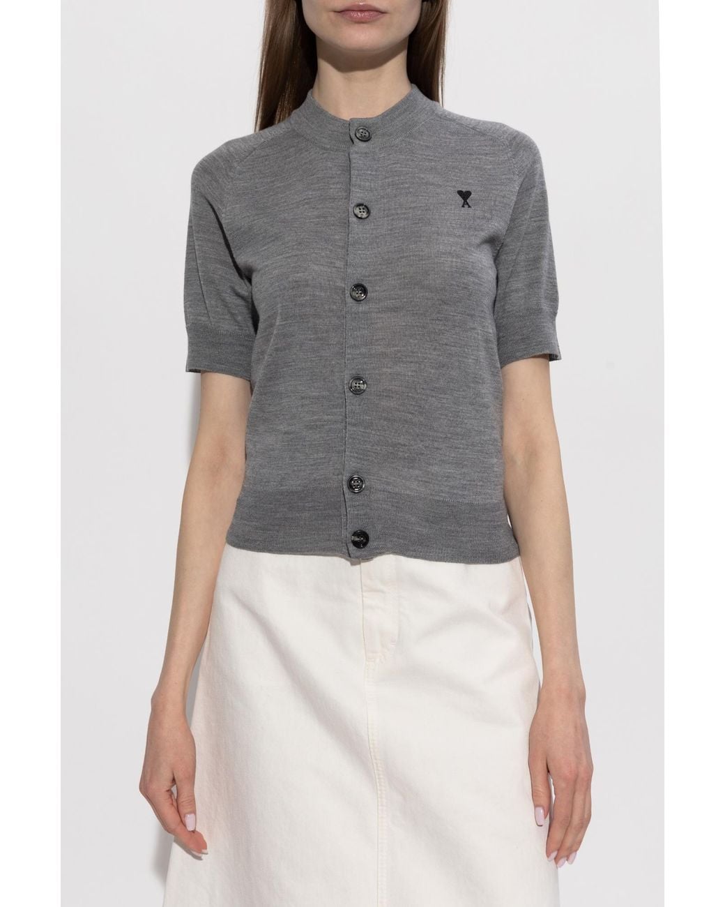AMI Gray Wool Cardigan With Short Sleeves