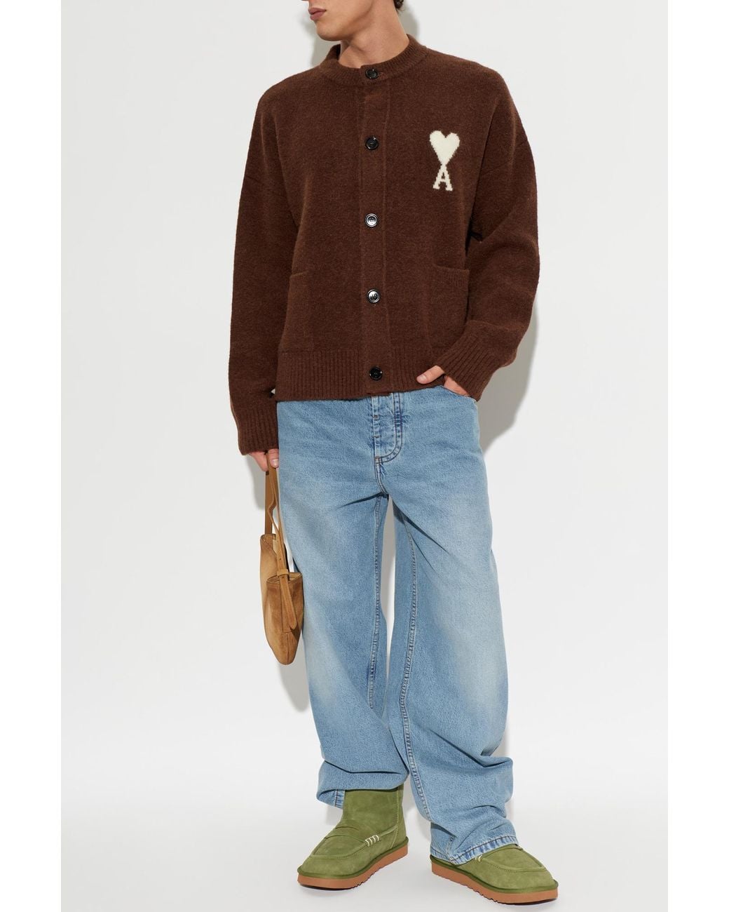 AMI Brown Wool Cardigan With Logo for men
