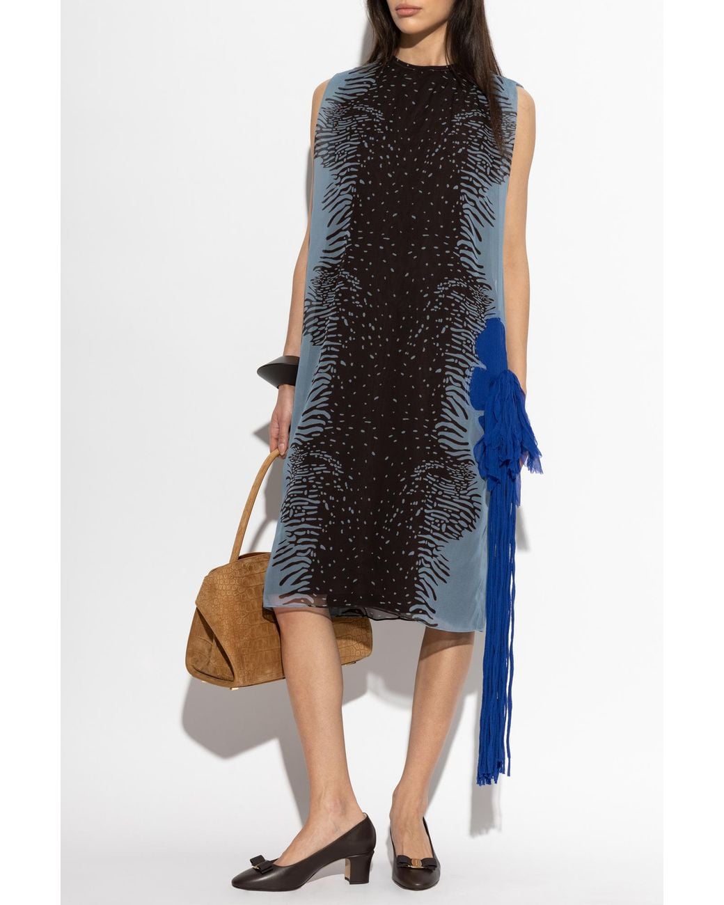 Ferragamo Blue Silk Dress With Decorative Fringes