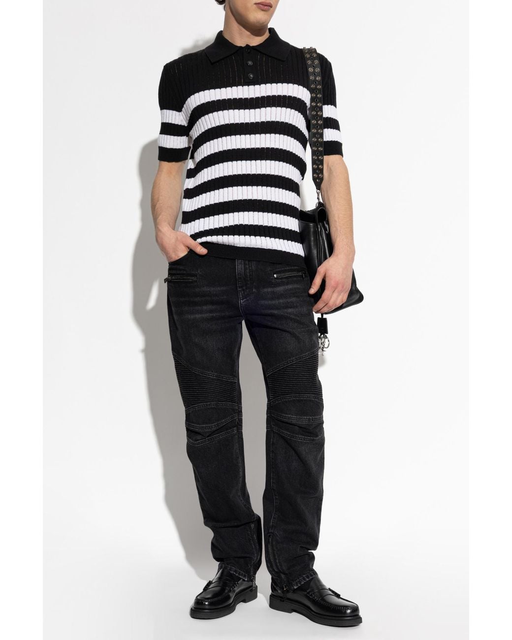 Balmain Black Striped Polo Shirt for men