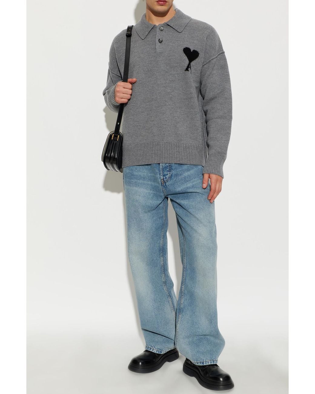 AMI Gray Wool Polo With Logo for men