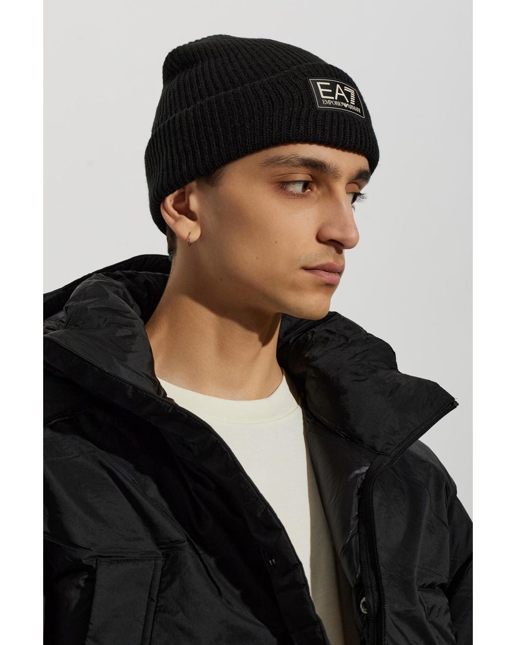 EA7 Black Logo Beanie for men