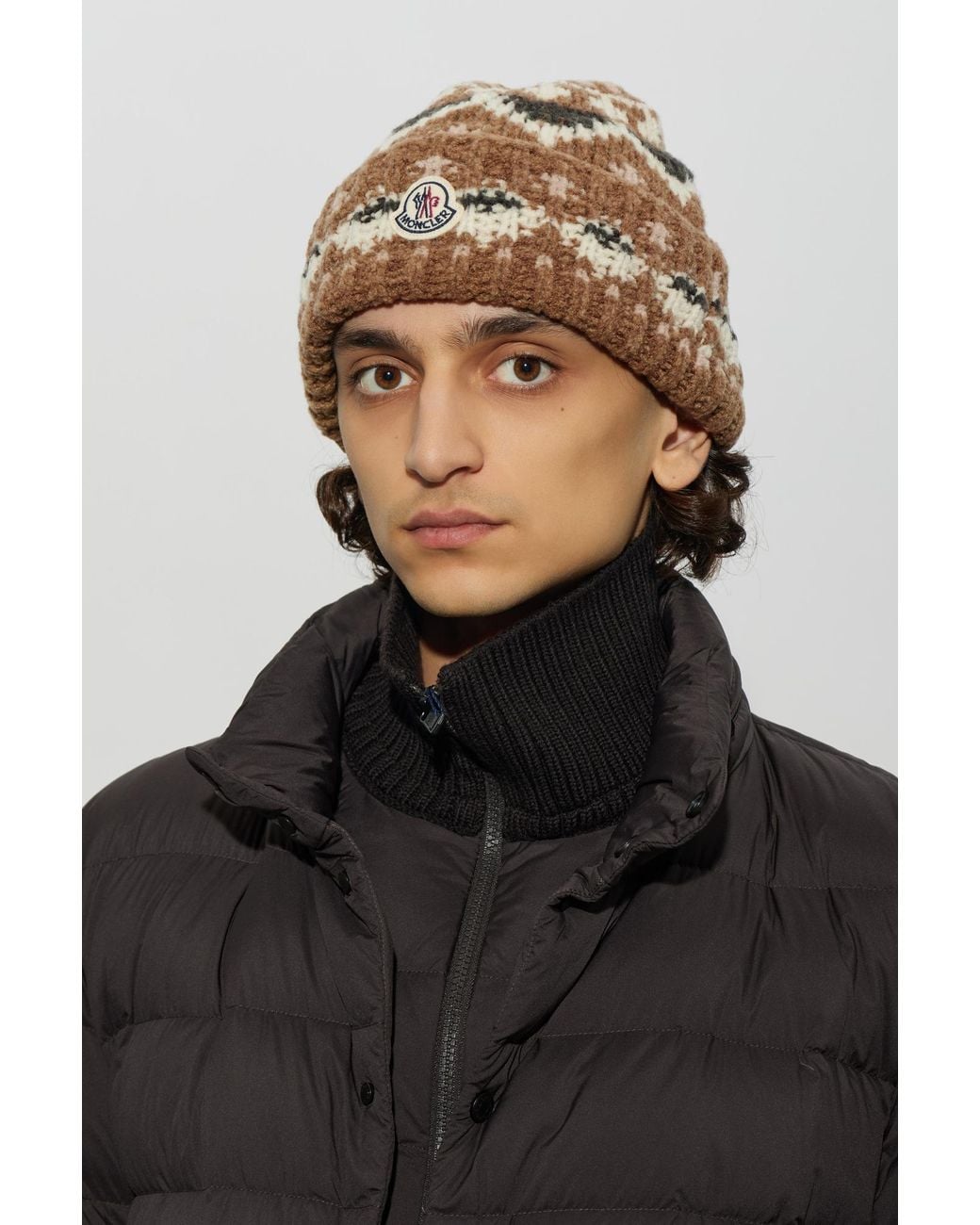 Moncler Brown Wool Beanie With Logo for men