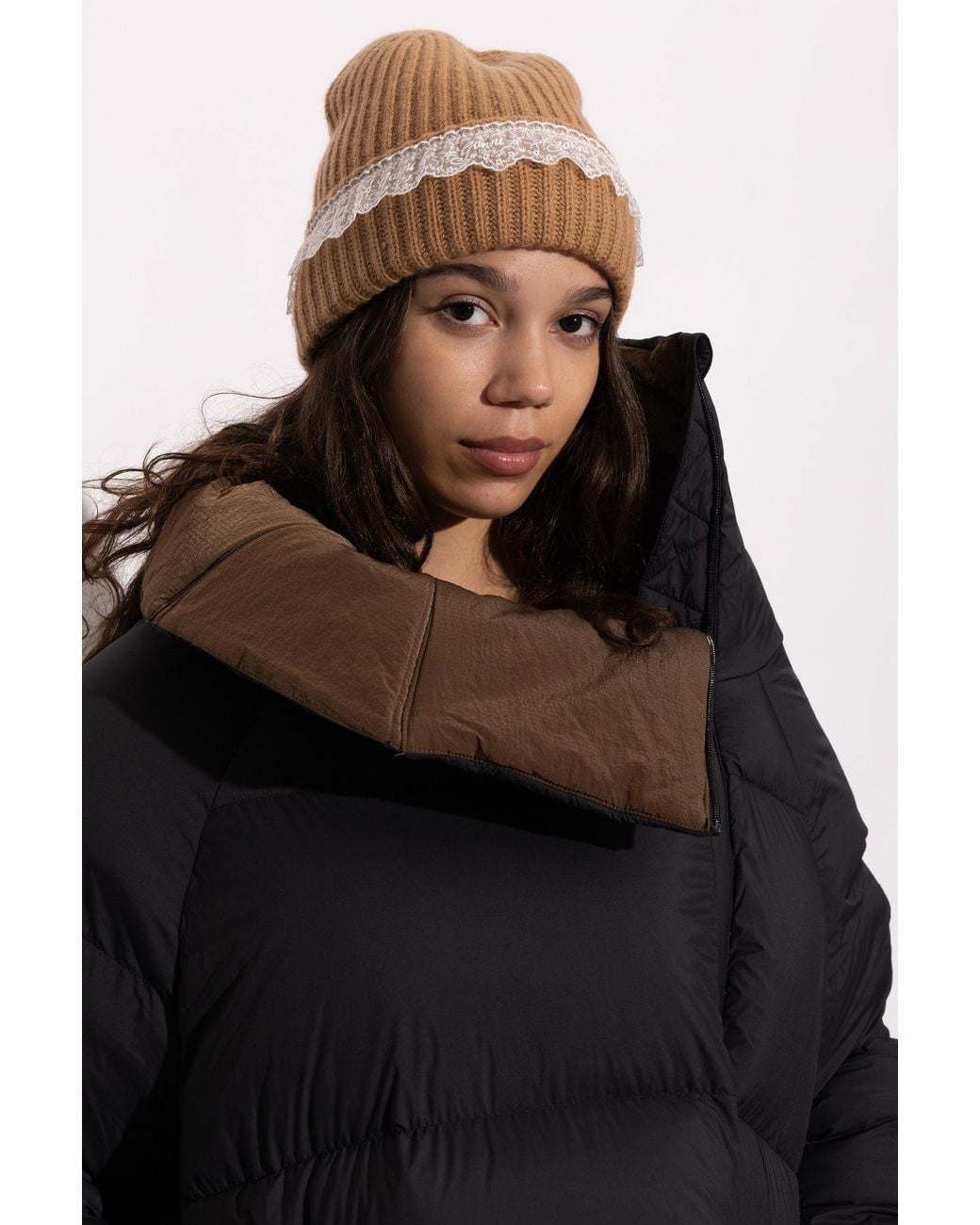 Ganni Brown Beanie Hat With Lace Trim