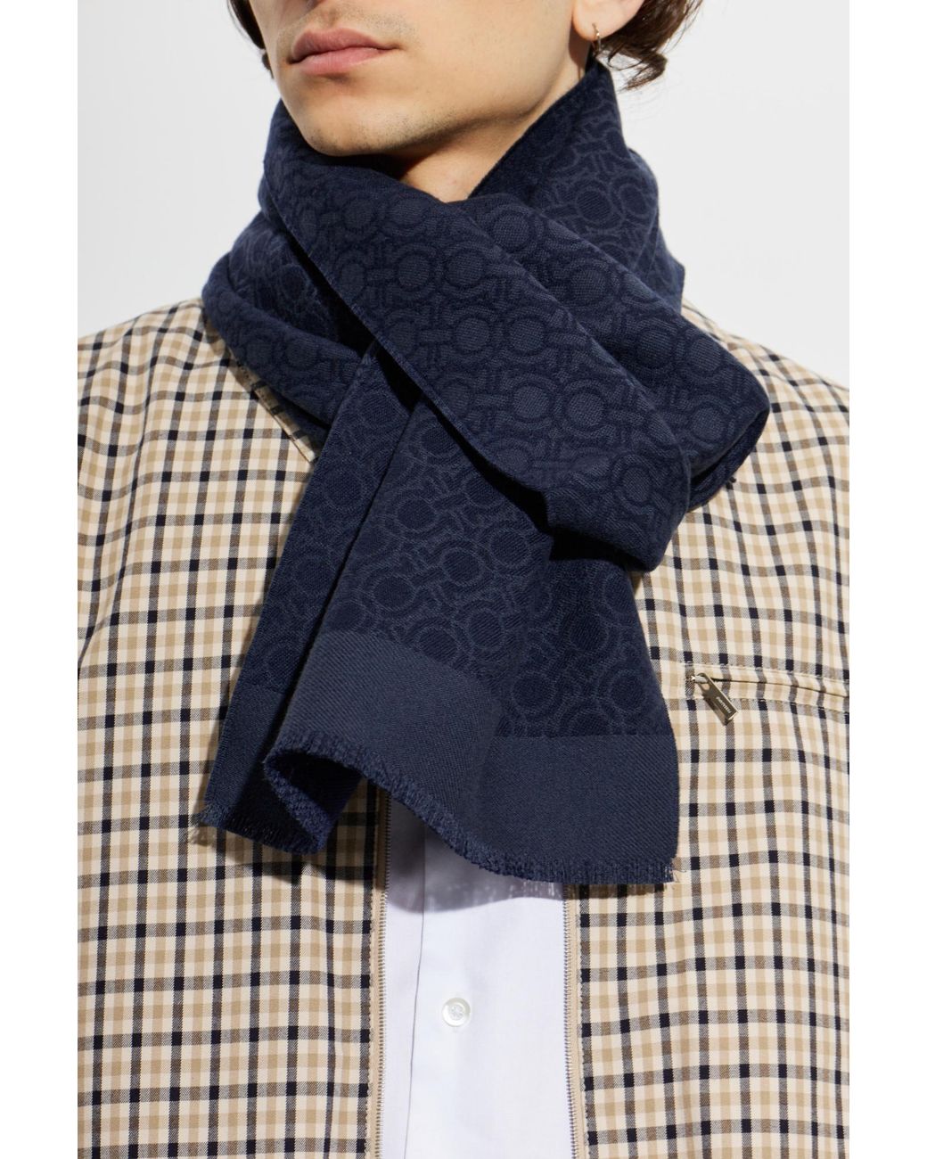 Ferragamo Blue Wool Scarf With Monogram for men