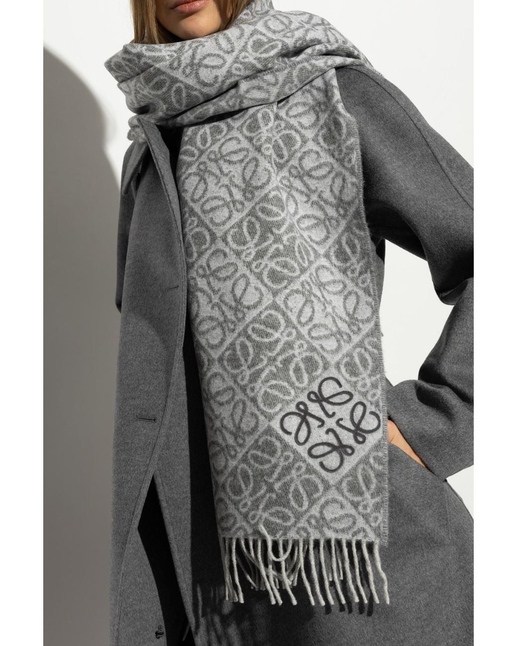 Loewe Gray Wool Scarf With Monogram