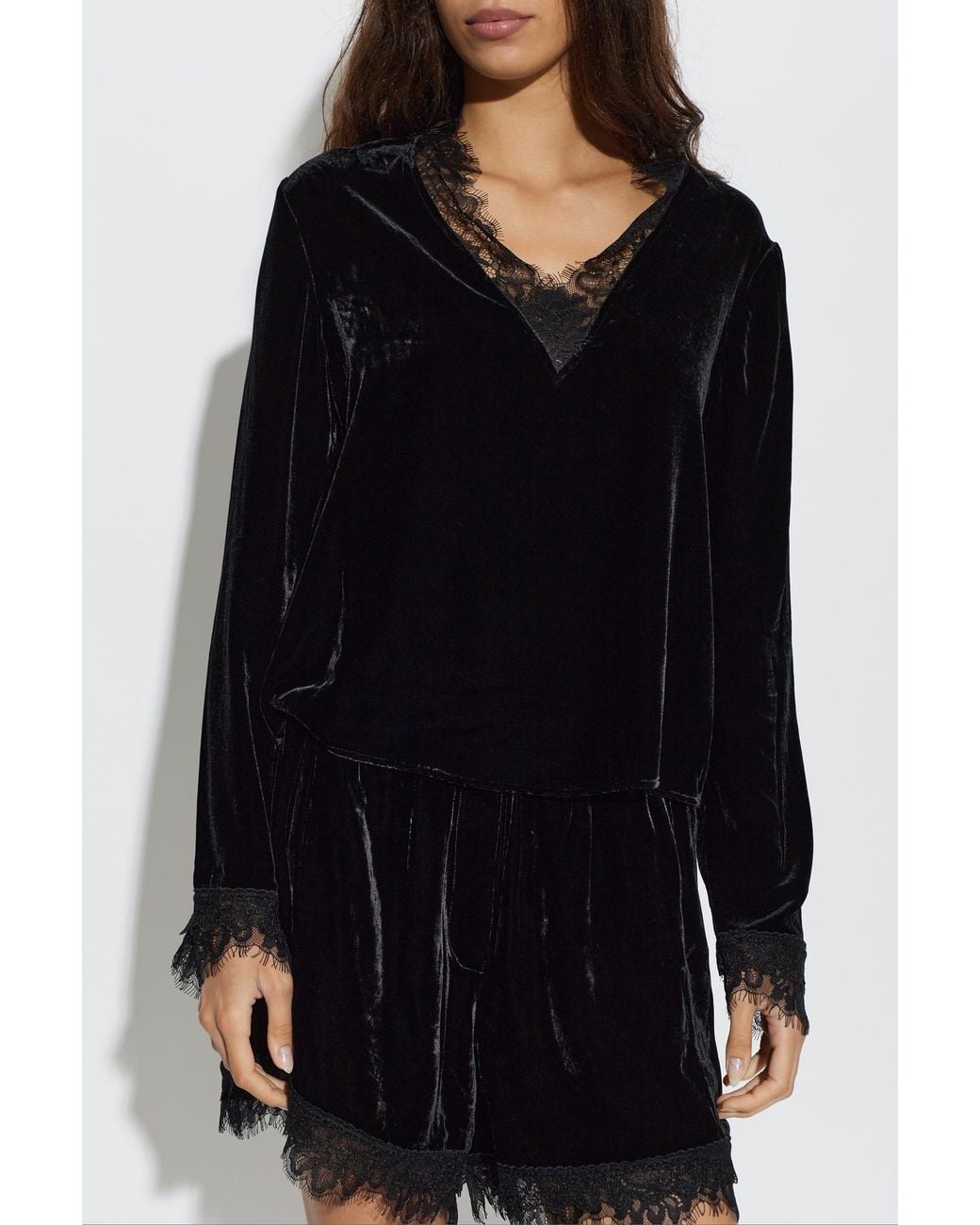 Ganni Black Velvet Top With Lace Detailing