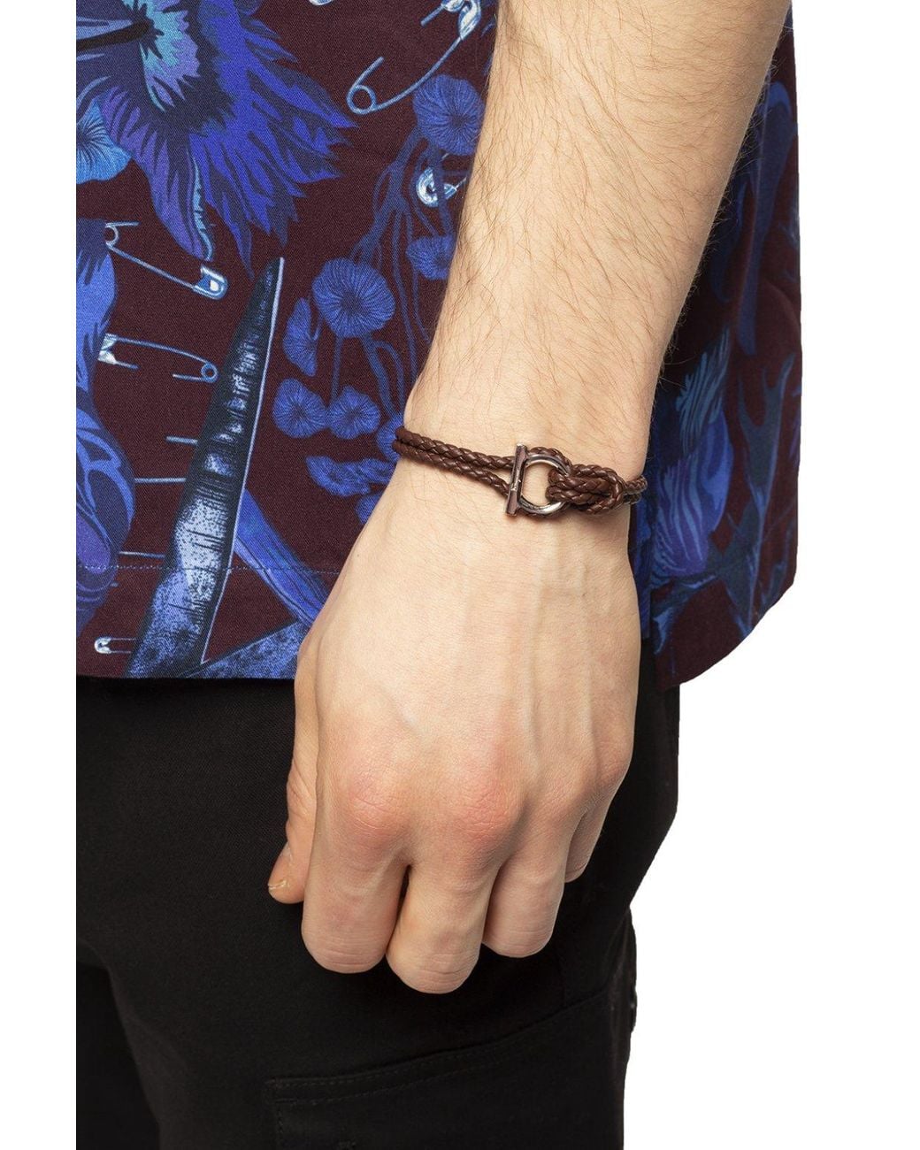 Ferragamo Brown Woven Leather Bracelet W/ Gancini Fastener for men