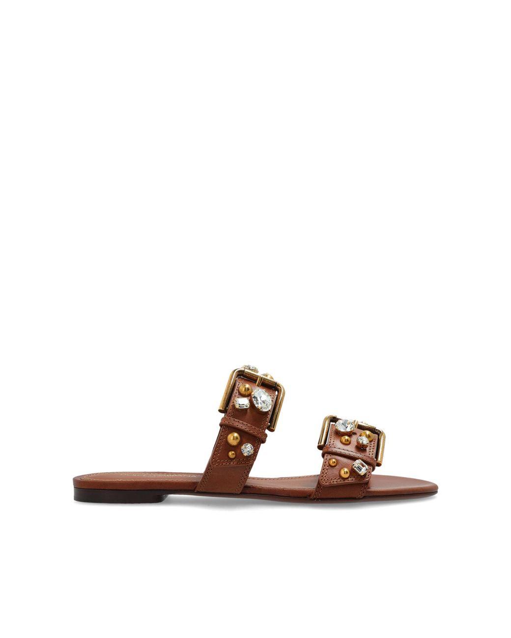 Dolce & Gabbana Brown Leather Slides With Shimmering Embellishments