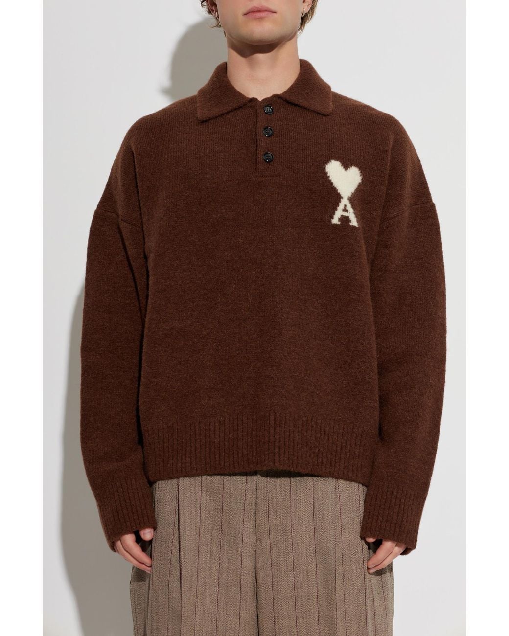 AMI Brown Oversized Polo With Logo for men
