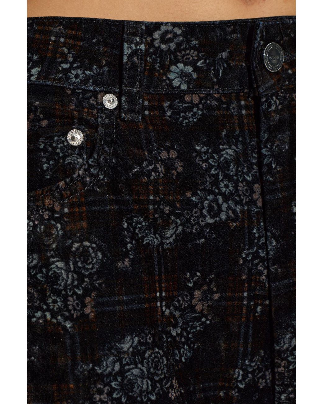 Ganni Black Velvet Floral-Patterned Trousers