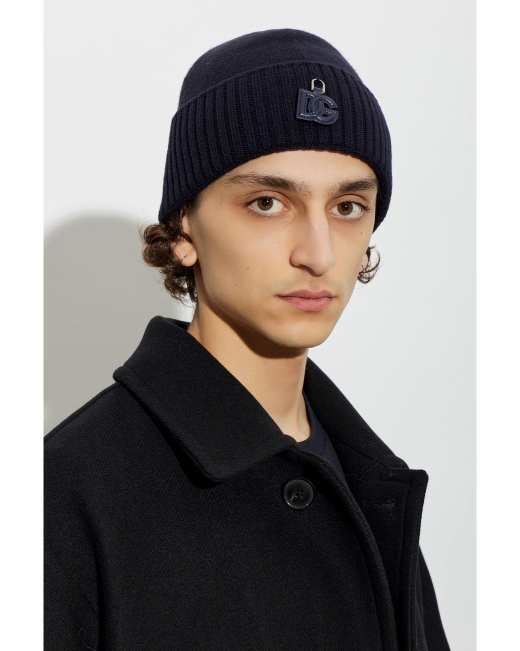 Dolce & Gabbana Blue Wool Beanie With Logo Patch for men