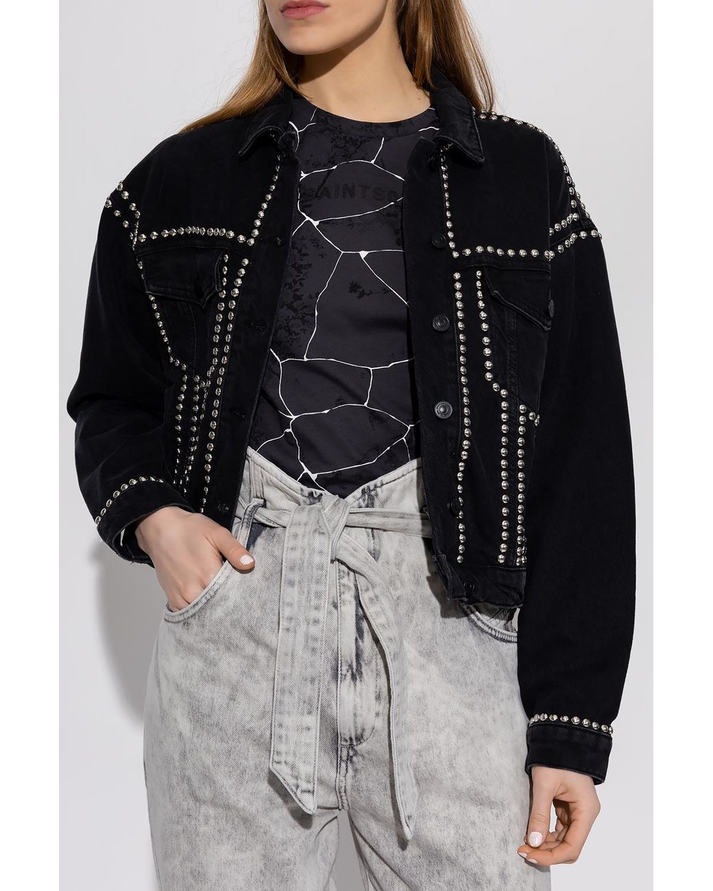 AllSaints 'bella Studded' Denim Studded Jacket in Black | Lyst UK
