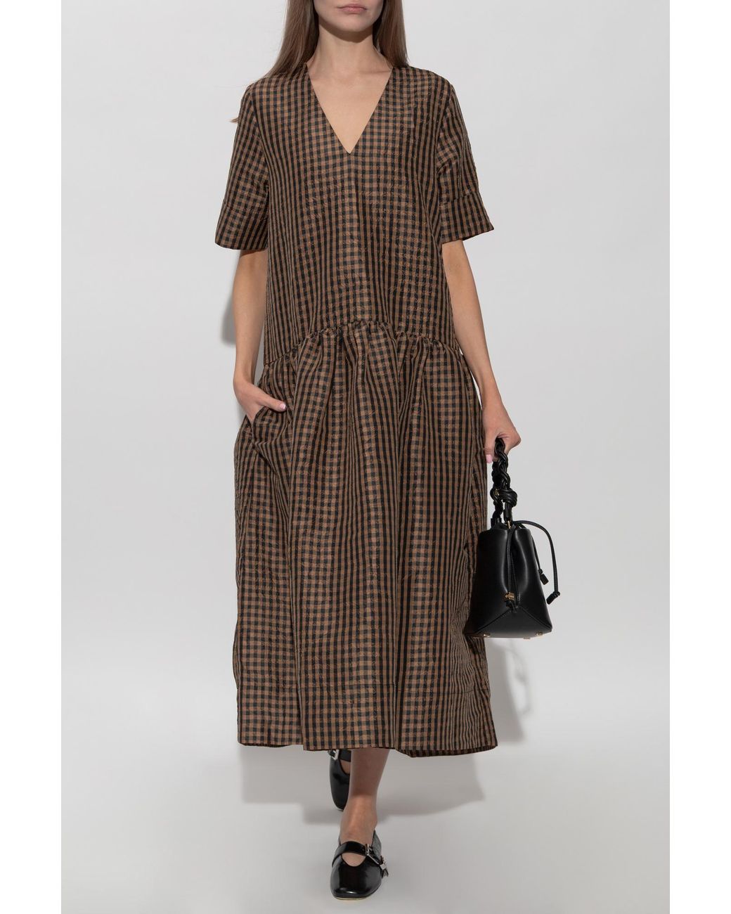 Ganni Brown Dress With A Check Pattern
