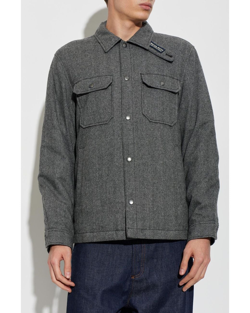 Woolrich Blue Herringbone Down Jacket for men