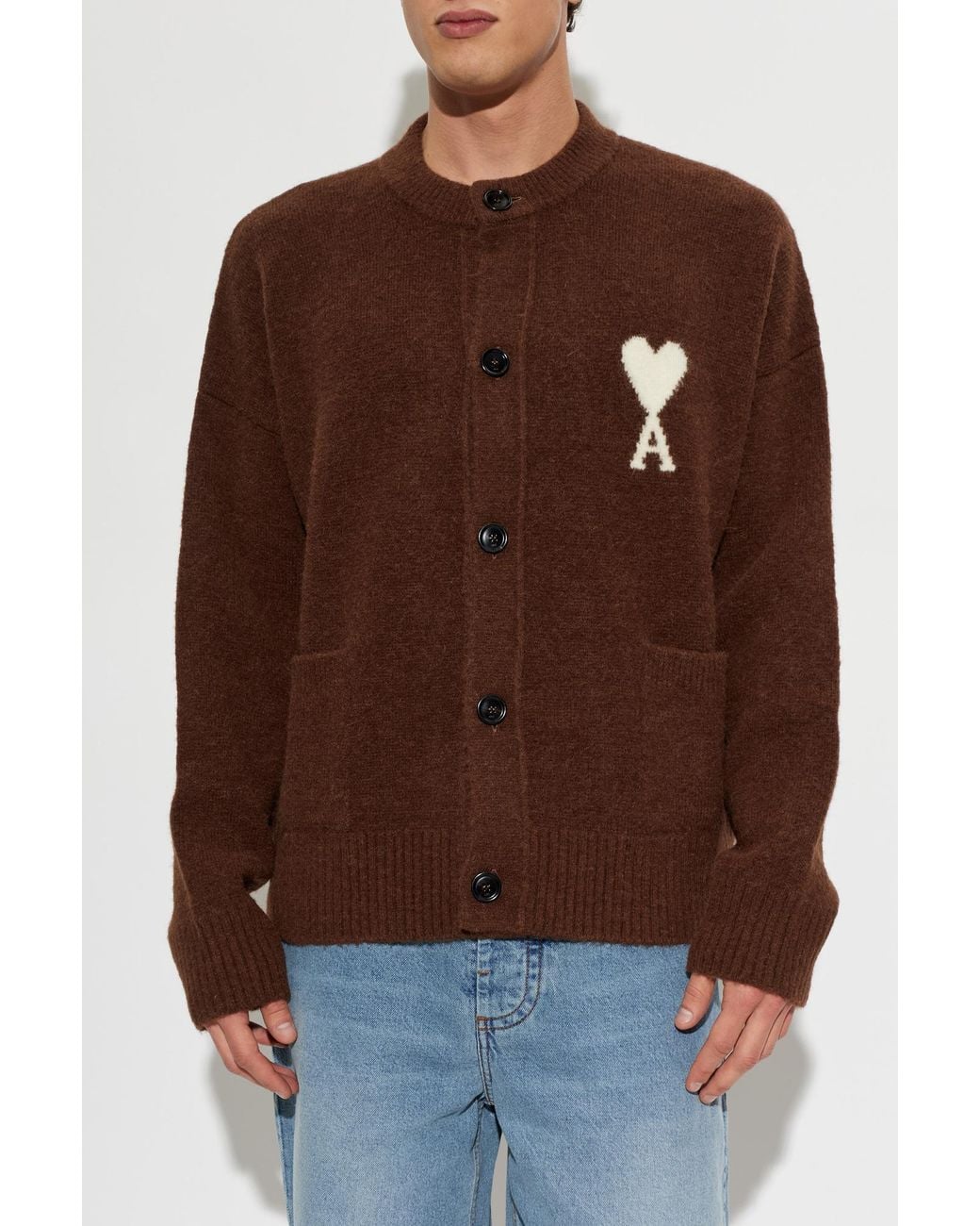 AMI Brown Wool Cardigan With Logo for men