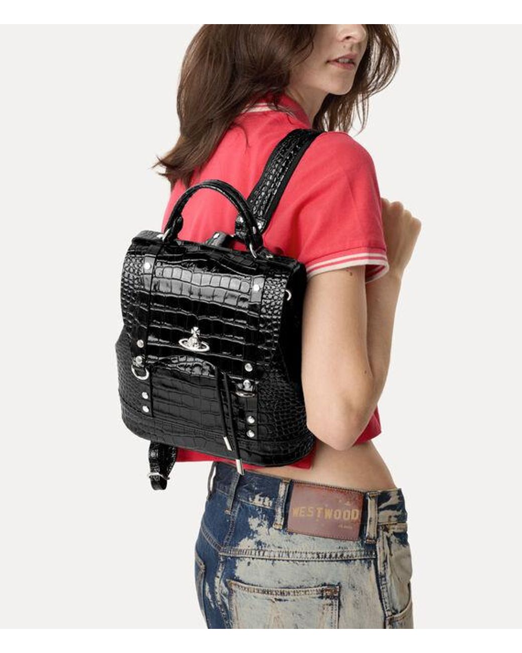 Vivienne Westwood Black Max Small Backpack Emboss Croc Leather