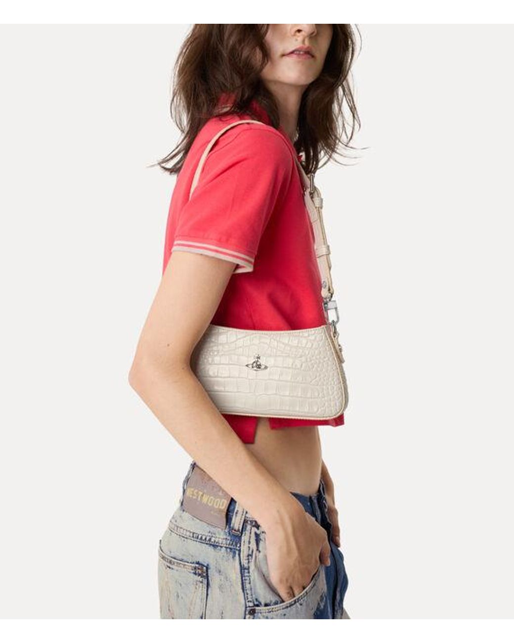 Vivienne Westwood Natural Tasha Shoulder Phone Bag Emboss Croc Leather