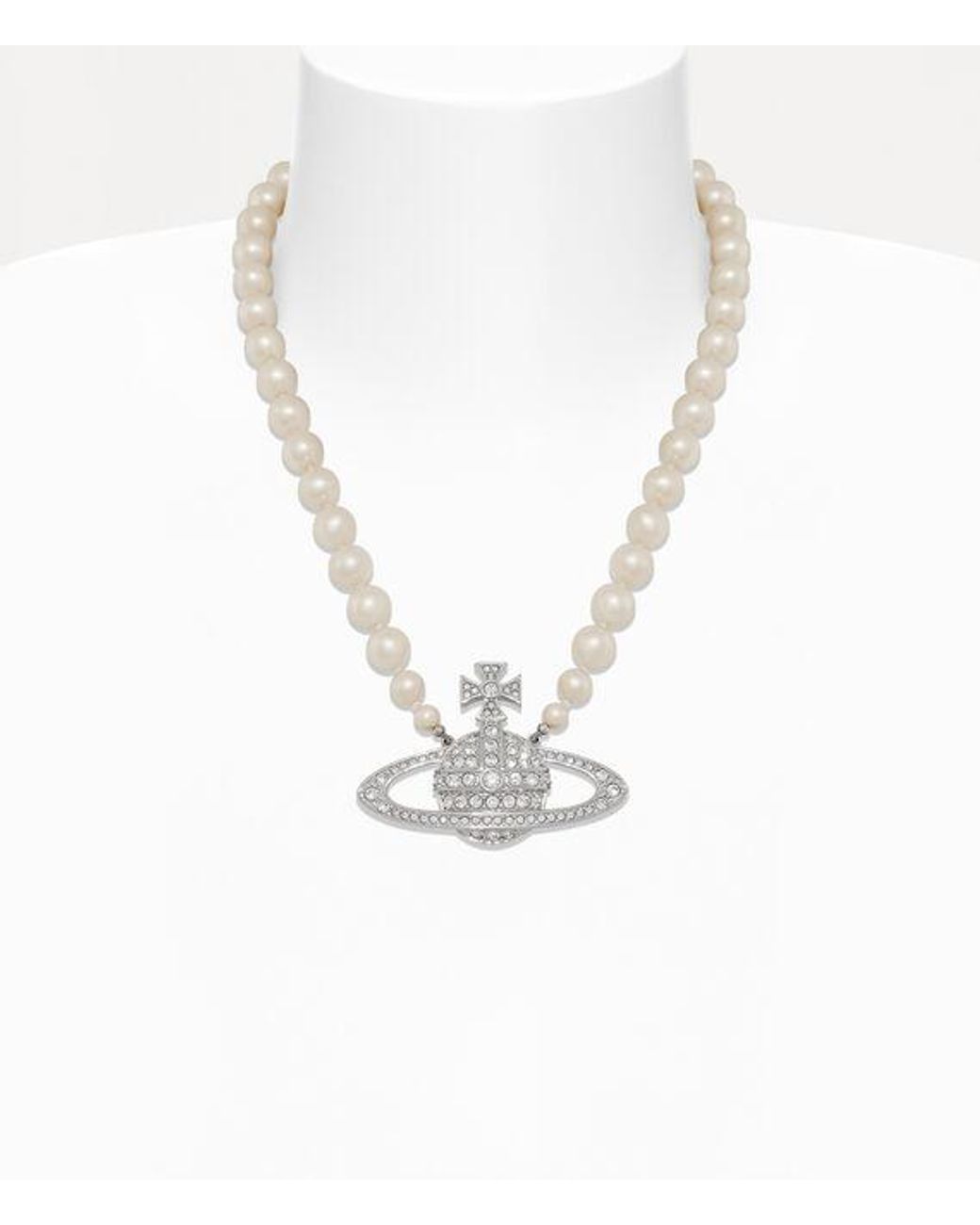 Vivienne Westwood White Bas Relief Pearl Necklace Swarovski Pearls Cubic Zirconia for men