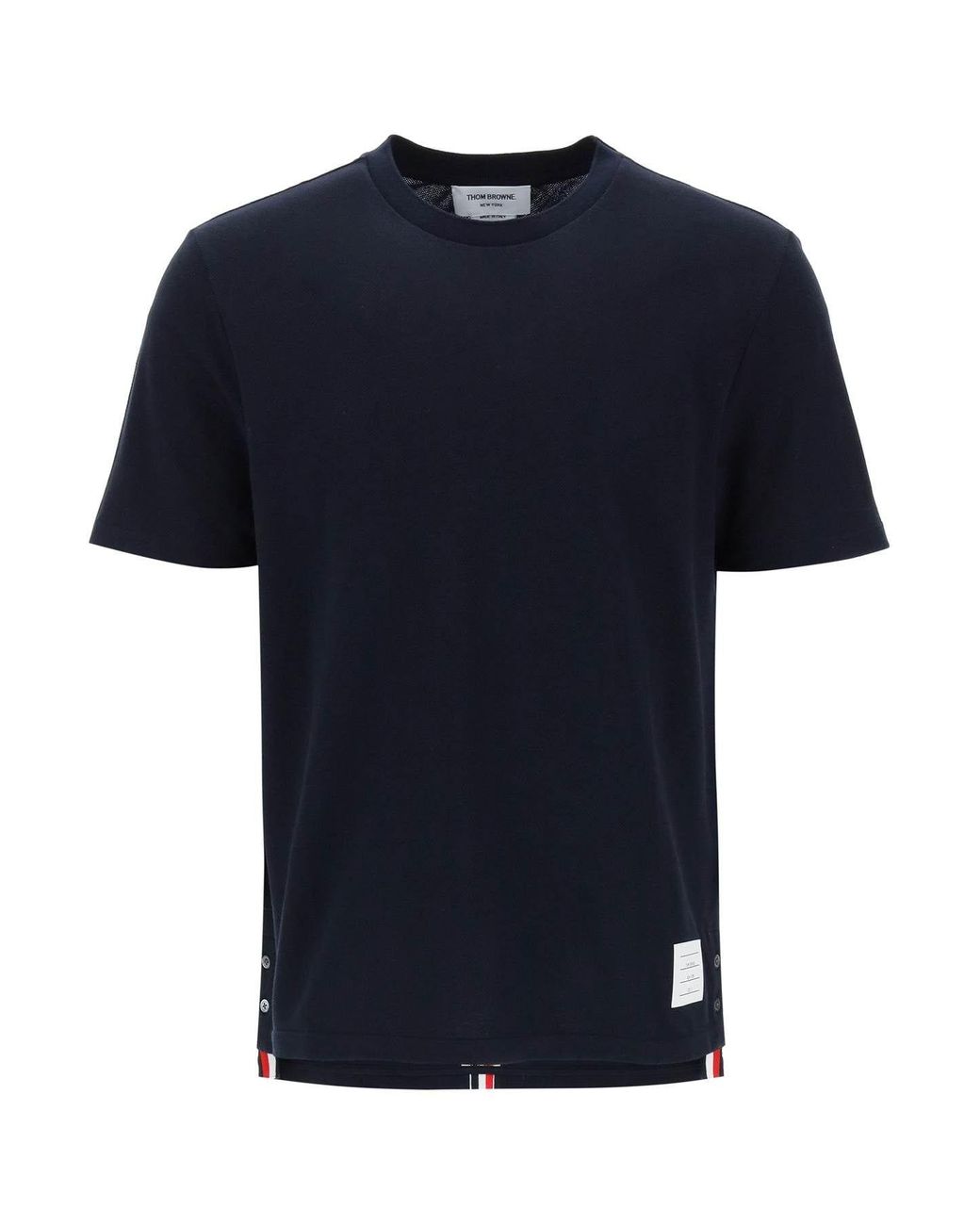 Thom Browne Piqué T Shirt With Rwb Stripe in Black for Men