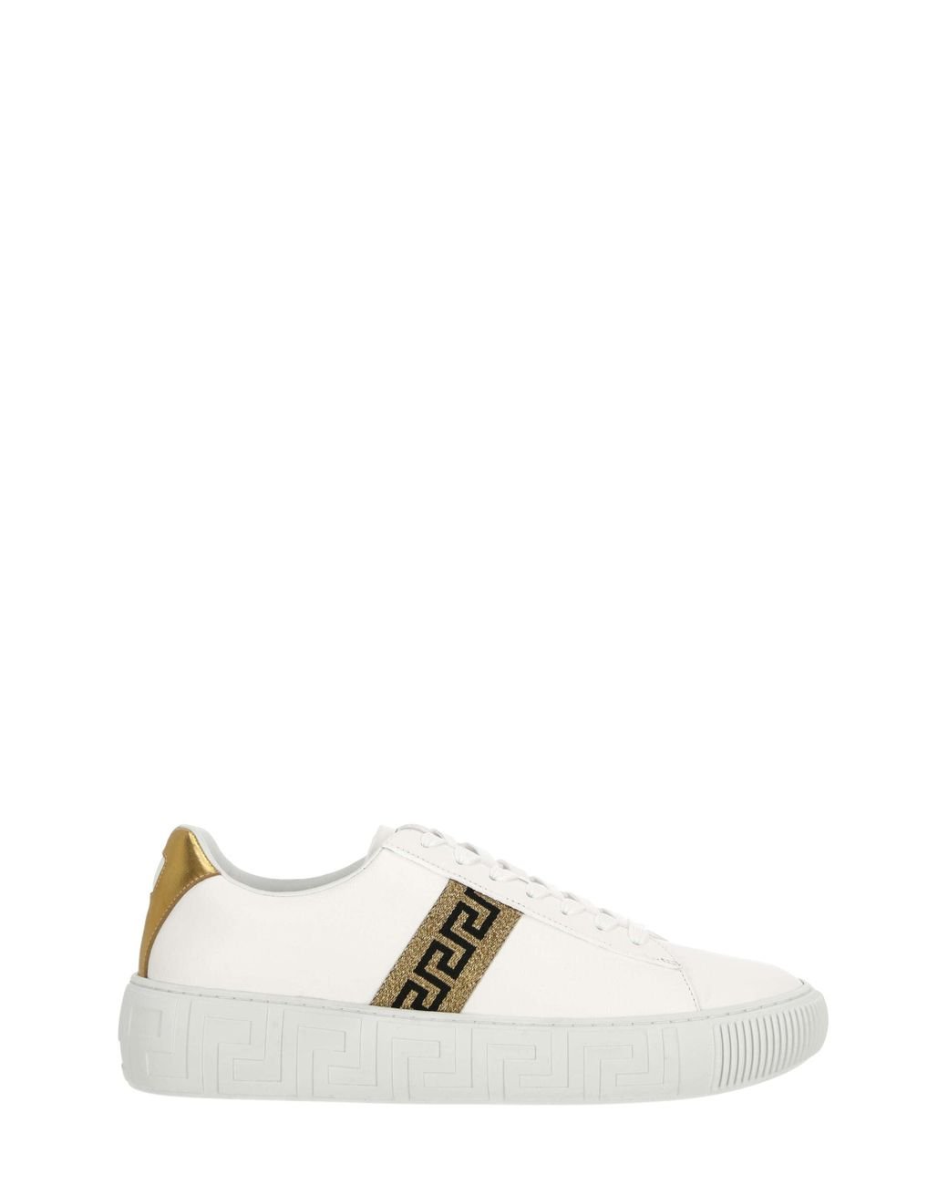 Versace White/gold/black Leather Greca-print Flatform Sneakers for Men ...