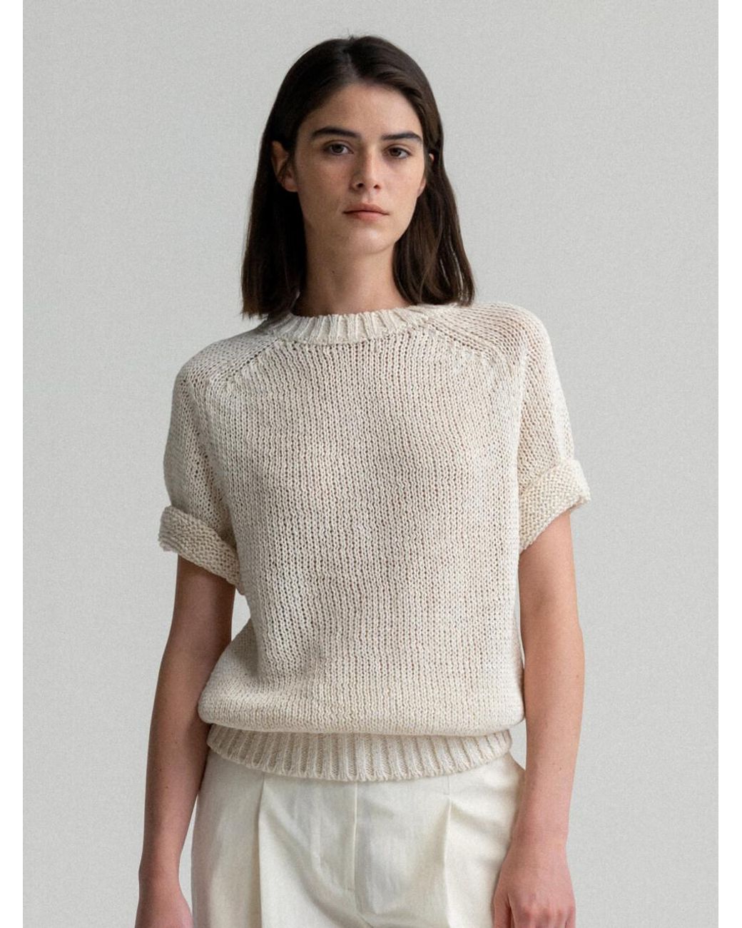 NOTHING WRITTEN Bamboo Short Sleeve Sweater in Gray | Lyst