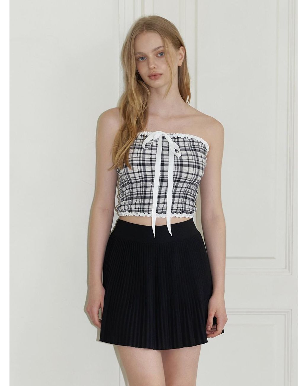 KINDABABY Ribbon Check Tube Top Blouse in White | Lyst Canada