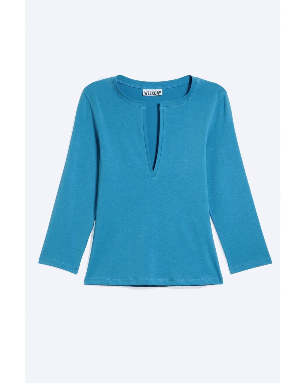 Weekday Blue Split V-Neck Three-Quarter Sleeve Top