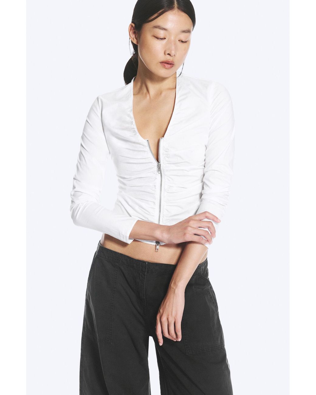 Weekday White Gathered V-Neck Zip Top