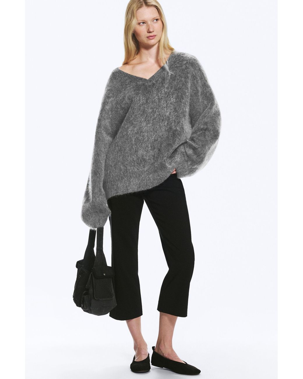 Weekday Gray Mohair-Blend V-Neck Sweater