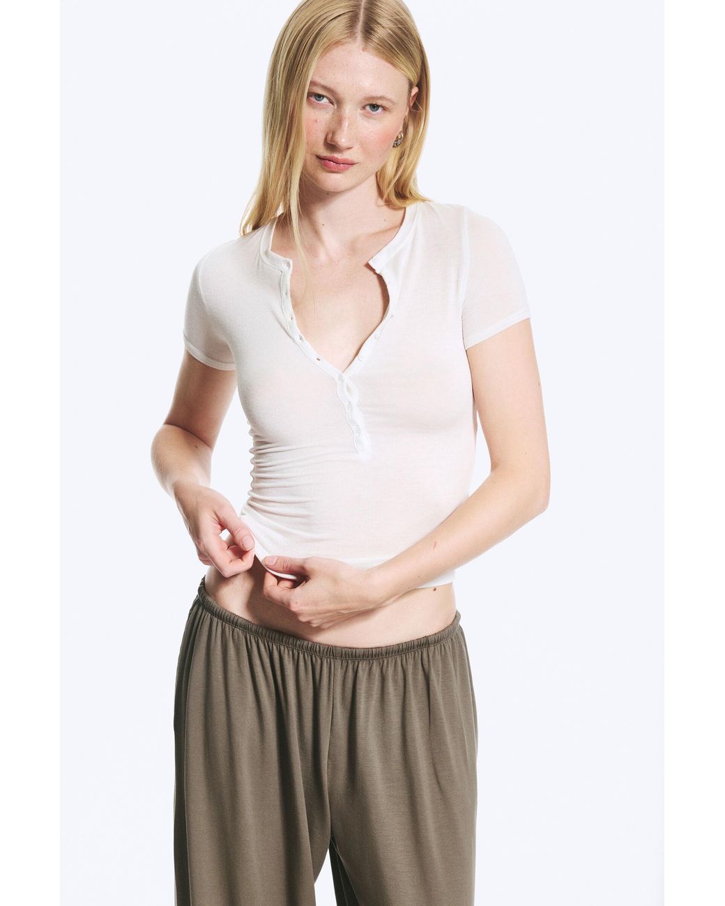 Weekday White Henley Short-Sleeved Top