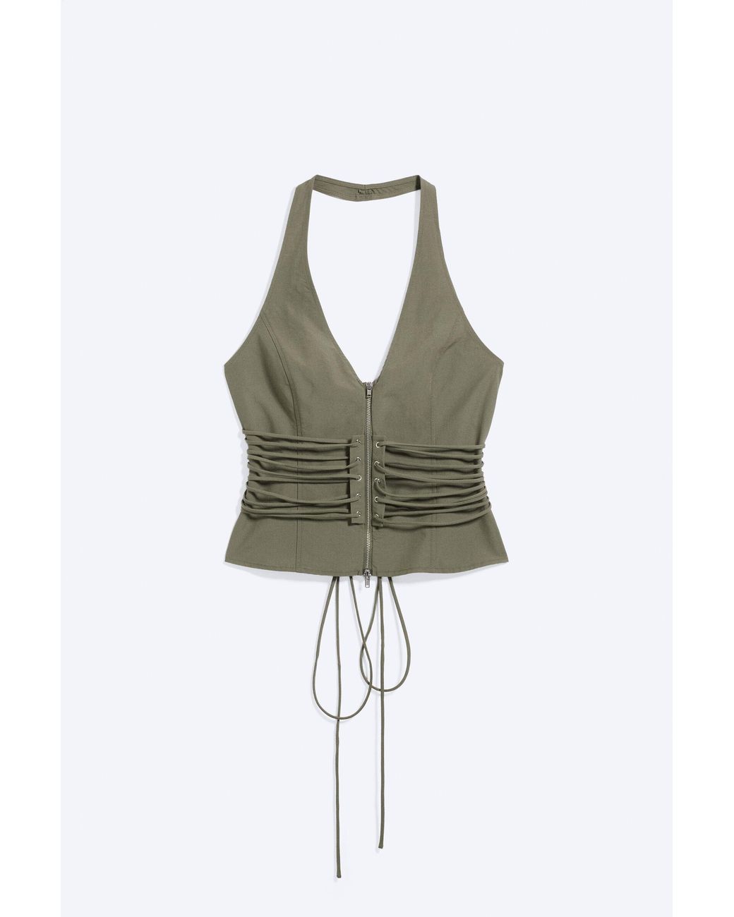 Weekday Green Tie Waist V-Neck Zip Halter Top